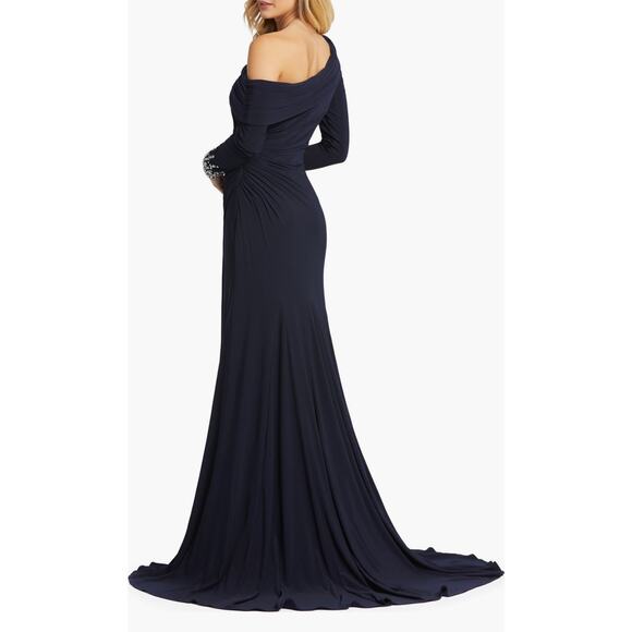 Mac Duggal Beaded Cuff Drop Shoulder Faux Wrap Long Navy Gown Size 14 NWT #12231 - Picture 9 of 15